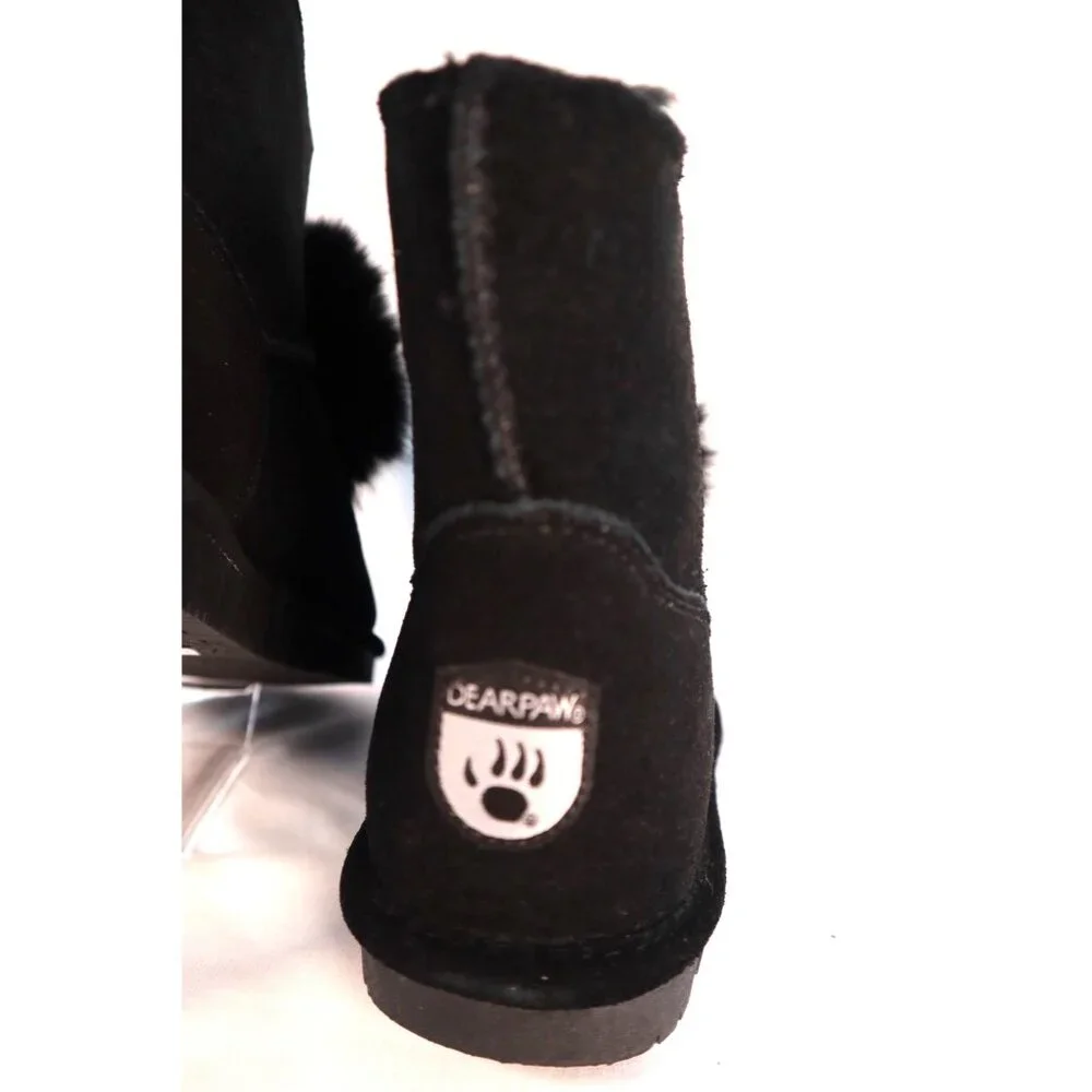 BearPaw Women's‎ Black Faux Fur Pom Pom Ankle Boots Size 9